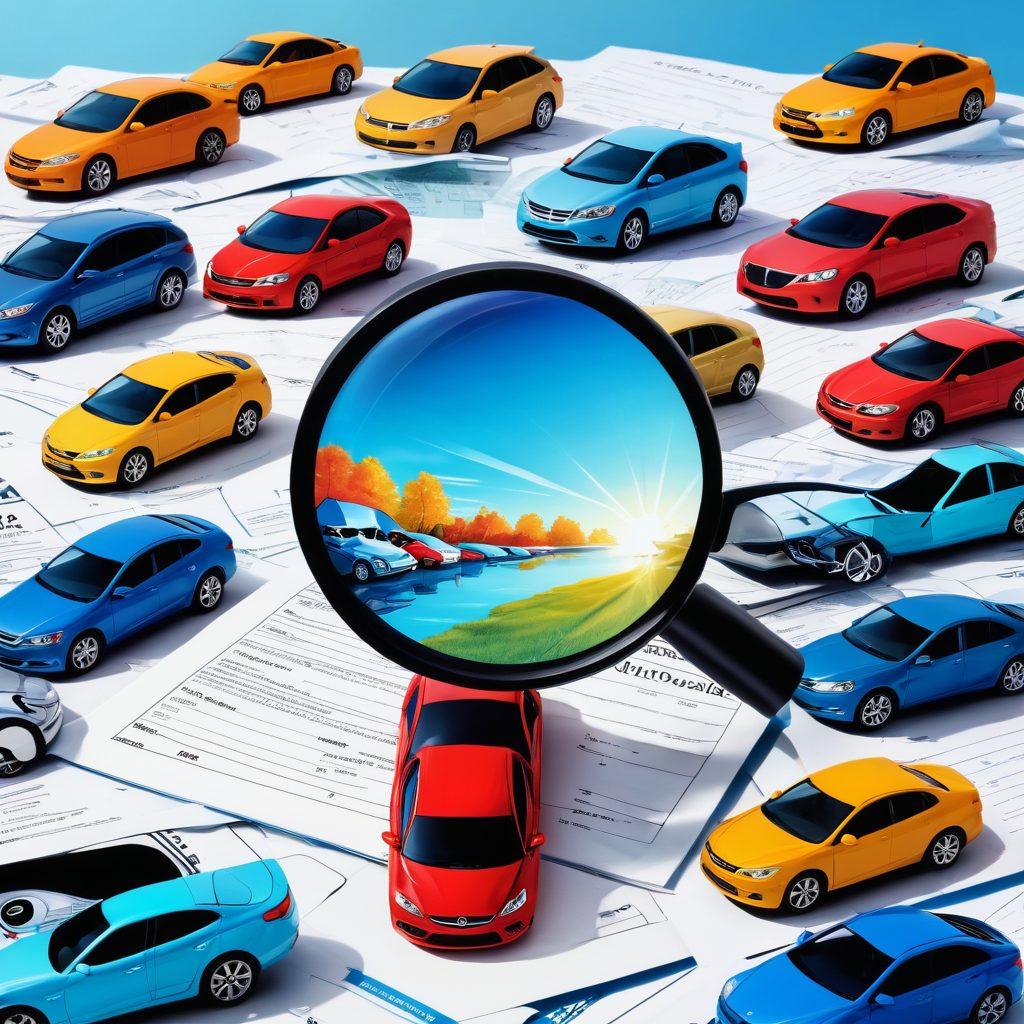 A vibrant collage featuring a diverse range of cars parked in a sunny landscape, alongside images of insurance documents and keys symbolizing security and savings. Include a magnifying glass highlighting the word 'DEALS' in bold. Incorporate price tags with discounted numbers to represent affordability. The background should depict a clear blue sky, conveying optimism and clarity. vibrant colors. super-realistic. vector art.